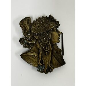 70's Alphonse Mucha Bergamot Brass Works E-60 Art Nouveau Boho Woman Belt Buckle